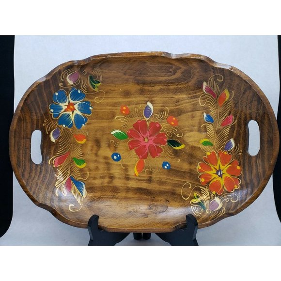 Vintage Wooden Hand Painted Floral Handled Serving Tray Bowl - Mexico - Picture 1 of 8